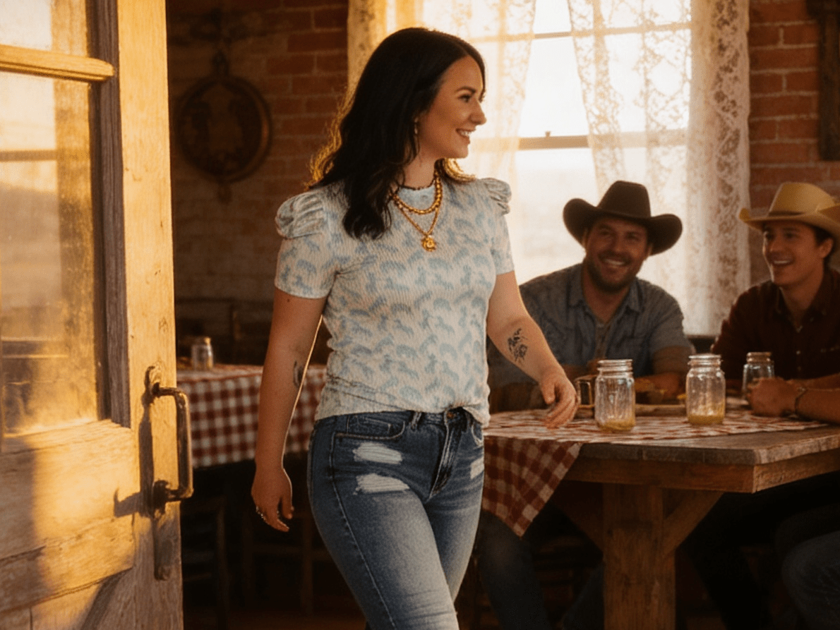 Mint Horse Print Puff Sleeve Western Ribbed Top