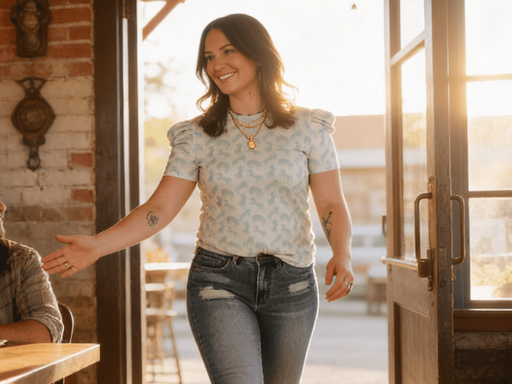 Mint Horse Print Puff Sleeve Western Ribbed Top