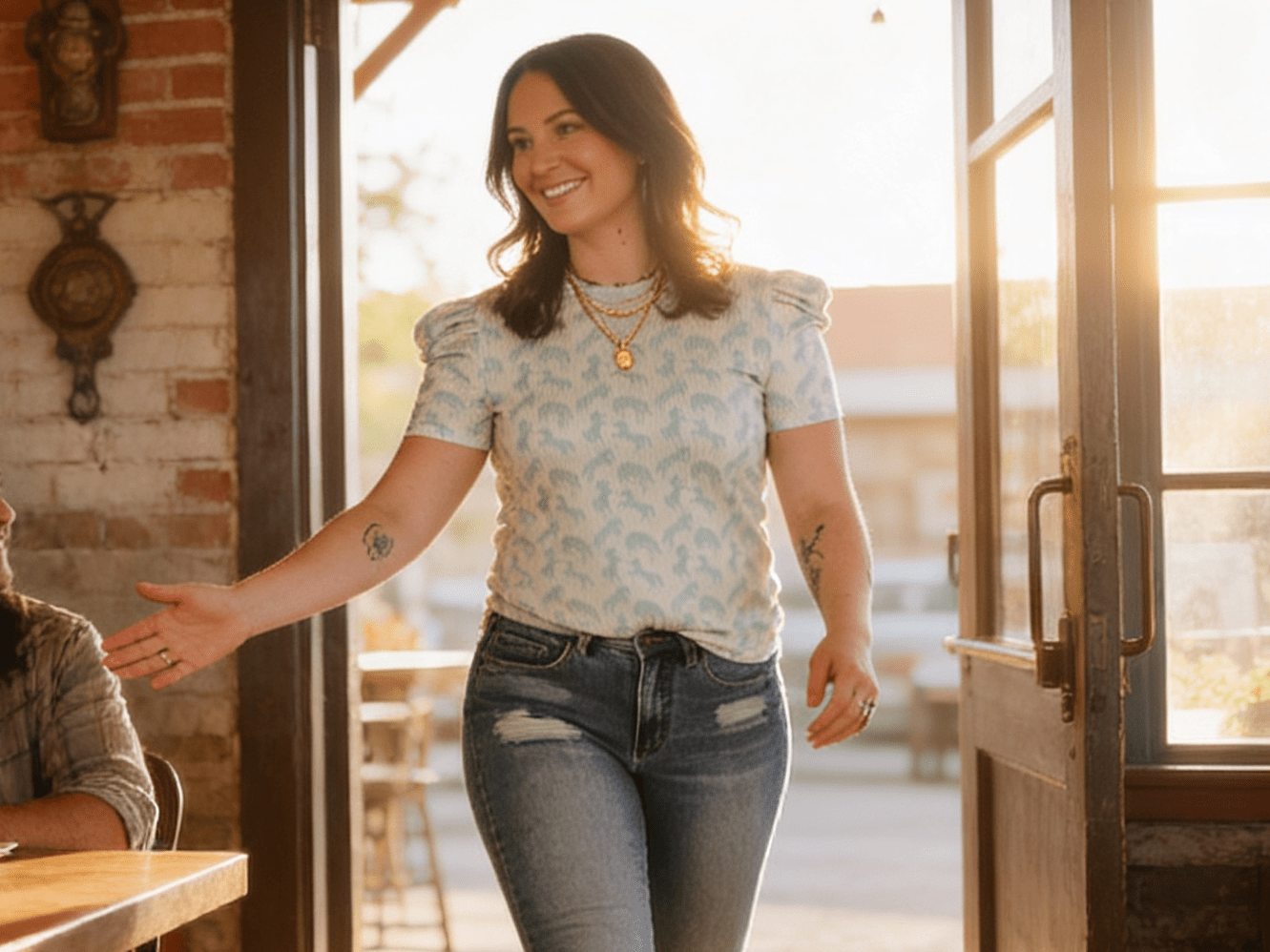 Mint Horse Print Puff Sleeve Western Ribbed Top