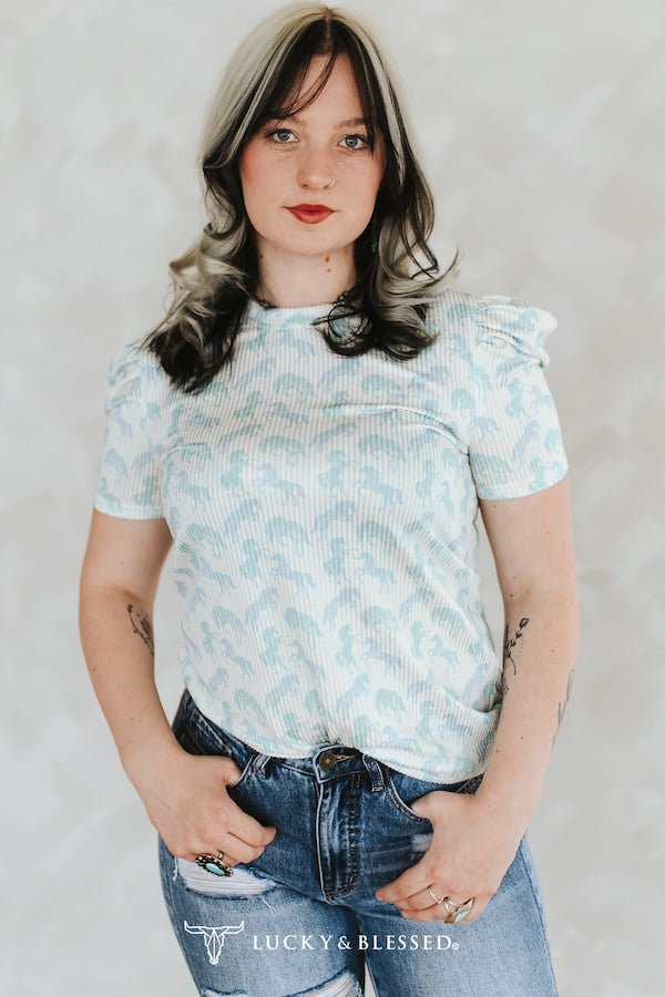 Mint Horse Print Puff Sleeve Western Ribbed Top