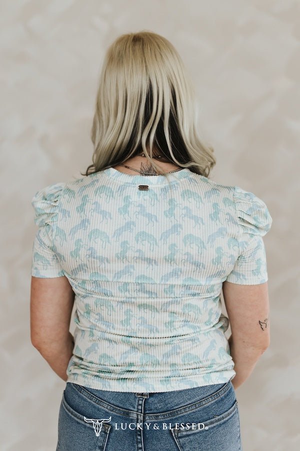 Mint Horse Print Puff Sleeve Western Ribbed Top