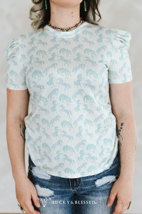 Mint Horse Print Puff Sleeve Western Ribbed Top
